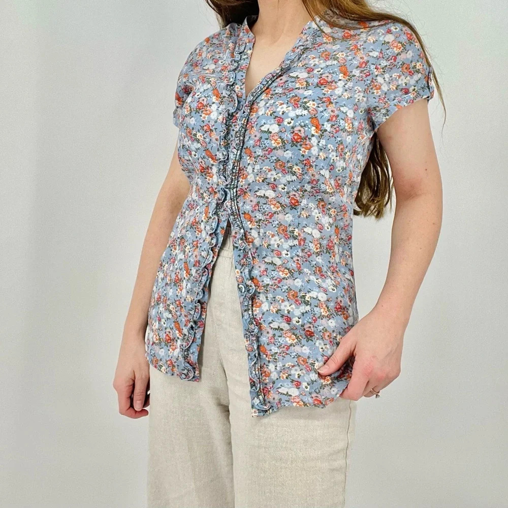 Eddie Bauer Light Blue Floral Ruffle-Trim Button Front Blouse